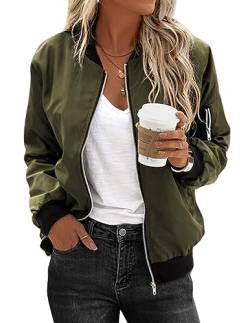 Zeagoo Damen Bomberjacke Dünne Leichte Blouson Fliegerjacke Motorradjacke Langarm Sportlich Übergangsjacke Grün Jacke mit 2 Taschen Reißverschluss für Fruhling Sommer Herbst L von Zeagoo