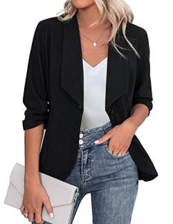 Zeagoo Damen Business Blazer Elegant 3/4 Arm Offene Front Cardigan Einfarbig Longblazer mit Knopf Freizeit Arbeit Outwear Schwarz L von Zeagoo