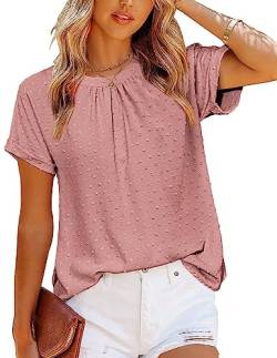 Zeagoo Damen Casual Swiss Dot Chiffon Sommer Tops Rundhals Bluse Shirts Kurzarm Arbeit Büro Lose Hemd, Pink, XX-Large von Zeagoo