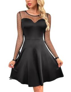 Zeagoo Damen Elegant Kleid Spitze Langarm Einfarbig Freizeitkleid A-Linie Rundhals Partykleid Mesh Festlich Minikleid Rabenschwarz XL von Zeagoo