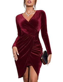 Zeagoo Damen Festlich Kleid Langarm Elegant Abendkleid kurz Samtkleid Bodycon Partykleid Sexy Hoch Taille Cocktailkleid Weinrot S von Zeagoo