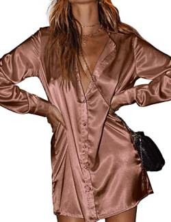 Zeagoo Damen Fleck Langarm Kleid Button Down Shirts Tunika Kleider Casual V-Ausschnitt Minikleid mit Gürtel, Braun, Mittel von Zeagoo