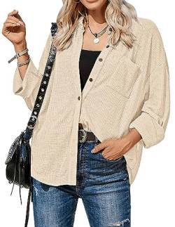 Zeagoo Damen Hemd Freizeit Bluse Waffel Hemdjacke Langarm Bluse Mantel Jacke Oberteile Button Down Freizeitjacke mit Taschen Beige S von Zeagoo