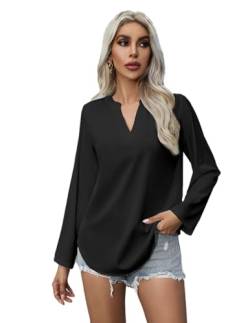 Zeagoo Damen Henley Ausschnitt Bluse Langarm Hemdbluse Elegant Causal 3/4 Ärmel Hemd Fashion Business Shirts Lockere Passform Schwarz XL von Zeagoo