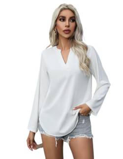 Zeagoo Damen Henley Ausschnitt Bluse Langarm Hemdbluse Elegant Causal 3/4 Ärmel Hemd Fashion Business Shirts Lockere Passform Weiß L von Zeagoo