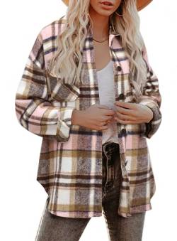 Zeagoo Damen Herbst Winter Casual Oversized Hemdjacke Knöpfen Mantel Warme Langarmshirt Bluse Karierte Jacke Rosa S von Zeagoo