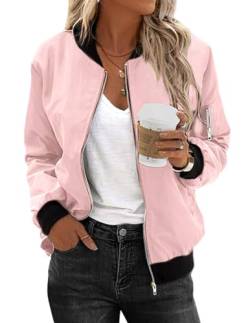 Zeagoo Damen Jacke Kurz Langarm Bomberjacke Leichte Dünne Fliegerjacke Motorradjacke Einfarbig Übergangsjacke Blouson Rosa Outwear für Fruhling Sommer Herbst XXL von Zeagoo