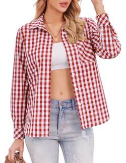 Zeagoo Damen Kariertes Bluse Casual Karohemd Button-down Langarmshirt Boyfriend-Stil Baumwolle Hemdbluse Plaid Shirt für Oktoberfest Rot XL von Zeagoo