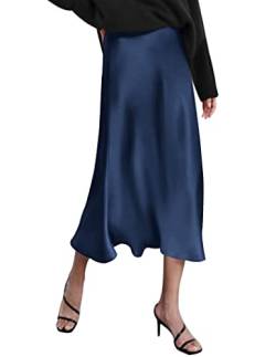 Zeagoo Damen Lange Rock Elegant Seiden Winterrock A-Linie Casual Party Midirock Hohe Taille Retro Vintage Freizeitrock Navy S von Zeagoo