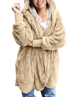 Zeagoo Damen Mantel Plüschjacke Teddy Frau Wintermantel Hoodie Warm Cardigan Kapuzenjacke mit Taschen Winterjacke Beige S von Zeagoo