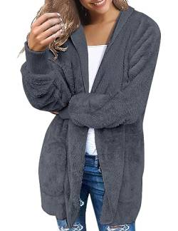 Zeagoo Damen Mantel Plüschjacke Teddy Frau Wintermantel Hoodie Warm Cardigan Kapuzenjacke mit Taschen Winterjacke Dunkelgrau M von Zeagoo