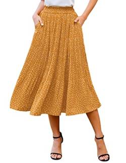 Zeagoo Damen Midi Röcke Elastische Hohe Taille Rock Polka Dot Casual Faltenrock mit Taschen, 01-Gelb, Klein von Zeagoo