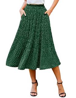 Zeagoo Damen Midi Röcke Elastische Hohe Taille Rock Polka Dot Casual Faltenrock mit Taschen, Dunkelgrün, Klein von Zeagoo