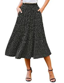 Zeagoo Damen Midi Röcke Elastische Hohe Taille Rock Polka Dot Casual Faltenrock mit Taschen, Schwarz, Klein von Zeagoo