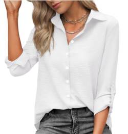 Zeagoo Bluse Damen Langarm Casual Elegant Oberteile Hemd Lose V-Ausschnitt Langarmshirt Roll Up Ärmel Blusen Tops Weiß S von Zeagoo