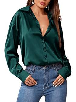 Zeagoo Damen Satin Bluse Elegant V-Ausschnitt Hemden Casual Arbeit Oberteile Mit Knöpfen Hemd Langarmshirt Einfarbig Tops Glänzend Locker Blusen Dunkelgrün L von Zeagoo