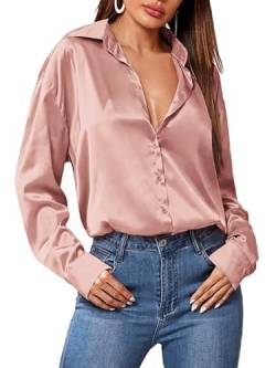 Zeagoo Damen Satin Bluse Elegant V-Ausschnitt Hemden Casual Arbeit Oberteile Mit Knöpfen Hemd Langarmshirt Einfarbig Tops Glänzend Locker Blusen Rosa S von Zeagoo