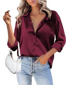 Zeagoo Damen Satin Bluse Elegant V-Ausschnitt Hemden Casual Arbeit Oberteile Mit Knöpfen Hemd Langarmshirt Einfarbig Tops Glänzend Locker Blusen Weinrot S von Zeagoo