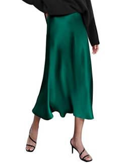 Zeagoo Damen Satin Rock Lang Hohe Taille Skirt Elegant Seide Midirock Herbst Winter Midi Business Rock Dunkelgrün XL von Zeagoo