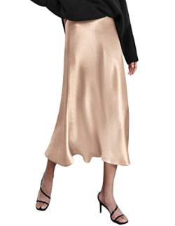 Zeagoo Damen Satin Rock Lang Hohe Taille Skirt Elegant Seide Midirock Herbst Winter Midi Business Rock Helles Khaki XL von Zeagoo