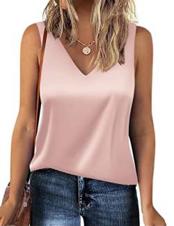 Zeagoo Damen Satin Tank Top Sommer Ärmellose Blusentop V-Ausschnitt Weste Top Casual Shirt Tops Bluse Rosa M von Zeagoo