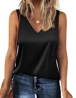 Zeagoo Damen Satin Tank Top Sommer Ärmellose Blusentop V-Ausschnitt Weste Top Casual Shirt Tops Bluse Schwarz XS von Zeagoo