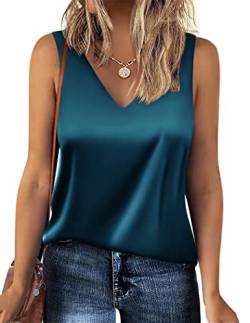 Zeagoo Damen Satin Tank Top Strap Basic Cami Sommer Weste Shirt Lässiges V-Ausschnitt Cami Ärmellose Blusen Grün XS von Zeagoo