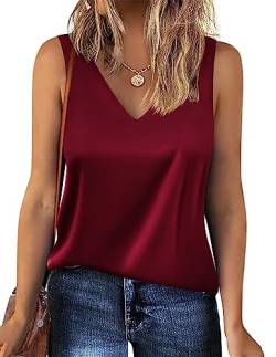 Zeagoo Damen Satin Tank Top Strap Basic Cami Sommer Weste Shirt Lässiges V-Ausschnitt Cami Ärmellose Blusen Weinrot S von Zeagoo