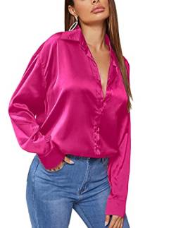 Zeagoo Damen Satinblusen Langarmshirt Mit V-Ausschnitt Aus Satin Basic Oberteile Für Einen Elegant Lässigen Winter Mit Seiden Bluse Dunkelrosa L von Zeagoo