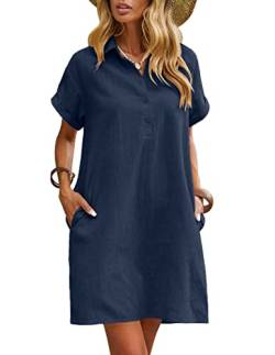 Zeagoo Damen Sommerkleid Knielang Leinen Strandkleid Tunika Lässiges Kleider Elegant Boho Blusenkleid Sommer lockeres Kleid Minikleid Blau M von Zeagoo