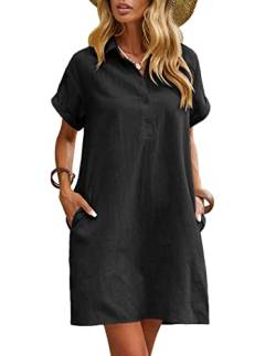 Zeagoo Damen Sommerkleid Leinenkleider V-Ausschnitt Kurzarm Midi Kleid Baumwolle Lange Tunika Kleider mit Taschen Schwarz M von Zeagoo