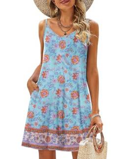 Zeagoo Damen Strandkleid Bohemian Trägerkleid V-Ausschnitt Sommerkleid Boho Kleid Lässig Spaghettiträger Blumen Minikleid Ärmellos Freizeitkleid Muster 25 L von Zeagoo