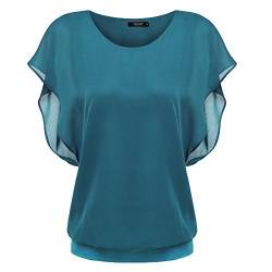 Zeagoo Damen T-Shirt Sommer Rundhals Batwing Shirt Casual Loose Bluse Top Doppellagige Fließende Blusen Türkisblau L von Zeagoo