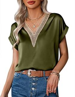 Zeagoo Damen T-Shirt Sommer Tunika Top Spitze V-Ausschnitt Blusen Solide Bluse Kurzarm Elegant Blusenshirt Strand Oberteile Armeegrün XL von Zeagoo