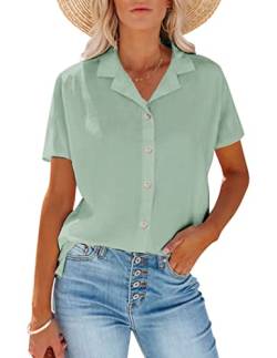 Zeagoo Frauen Baumwolle Hemd Button Down Kurzarm Leinen V-Ausschnitt Bluse Casual Arbeit Tunika, Mintgrün, Mittel von Zeagoo