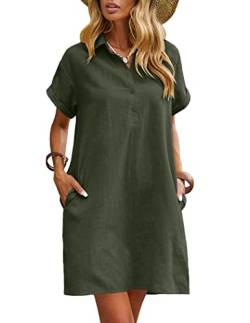 Zeagoo Frauen V-Ausschnitt Tunika Kleid Leinen Sommerkleider Einfarbige Casual Sommer Kurzes Einfarbig Kleider Armeegrün M von Zeagoo