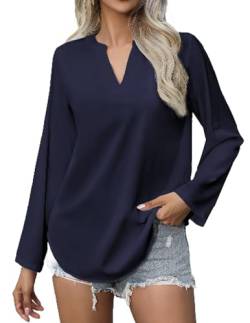 Zeagoo Hemdbluse Damen Elegant Knopfleiste Henley Blusen Baumwolle Einfarge Tunika Shirts mit Aufrollbaren Ärmeln Dunkelblau XXL von Zeagoo