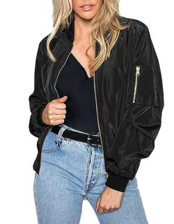 Zeagoo Jacke Damen Übergangsjacke Leichte Schwarz Bomberjacke Fliegerjacke Langarm Sportlich Motorradjacke Kurzjacke mit 2 Taschen Blouson für Fruhling Sommer Herbst Sweatjacke M von Zeagoo