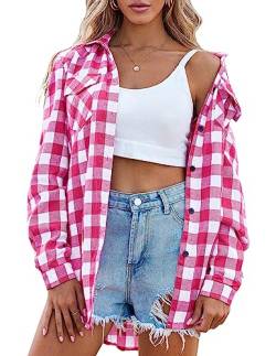 Zeagoo Karohemd Damen Kurzarm T-Shirt Karierte Bluse Baumwolle Trachtenbluse Karo Blusejacke V Ausschnitt Rosa XL von Zeagoo