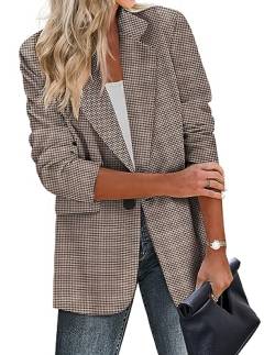 Zeagoo Lässige Damen-Blazer, Taschen, lange Ärmel, vorne offen, Arbeitsjacke, Revers, Knopf, langer Blazer für Bussiness, Hahnentritt Braun, XL von Zeagoo