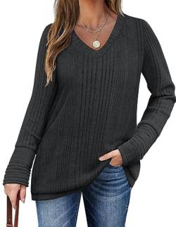 Zeagoo Pullover Damen Strickpullover Langarm V-Ausschnitt Sweater Rippstrick Sweatshirt Herbst Winter Elegant Pulli Warme Lose Blusen Oberteile Tops Dunkelgrau M von Zeagoo