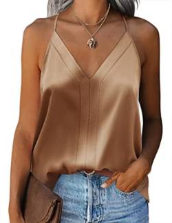 Zeagoo Sexy Damen Satin Tank Tops V Ausschnitt Seidenbluse Cami Ärmellose Tshirt Oberteile Khaki L von Zeagoo