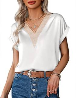 Zeagoo Sommer Damen T-Shirt Elegant Bluse Satin Hemd V-Ausschnitt Tunika Shirt Einfarbig Blusenshirt Sommer Büroblusen Lässige Oberteile Weiß XL von Zeagoo