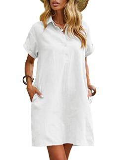 Zeagoo Sommerkleid Damen Leinen Kleider Knielang Casual Strandkleid Kurzarm Kleid Sommer Shirtkleider Freizeitkleid mit Taschen Weiß L von Zeagoo