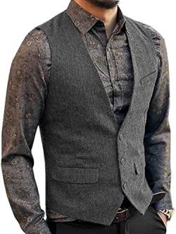 Zeattall Herren-Anzugweste aus Tweed, Wolle, einreihig, schmale Passform, Weste, Grey, Medium von Zeattall