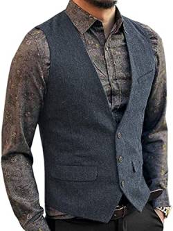 Zeattall Herren-Anzugweste aus Tweed, Wolle, einreihig, schmale Passform, Weste, Light Navy, Medium von Zeattall