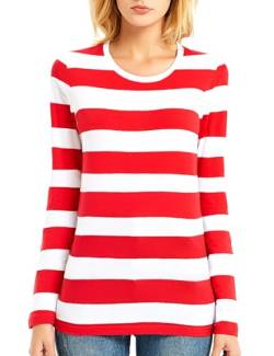 Zecmos Langarm-T-Shirt für Damen, gestreift, Rundhalsausschnitt, breite Streifen, locker - Rot - Groß von Zecmos