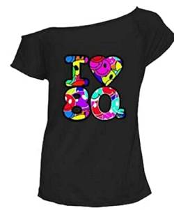 Zeetaq Damen T-Shirt I Love The 80's Fancy Dress Costume Neon Festival Damen Outfit UK Größe 36-52, Black Love 80's, M-L von Zeetaq