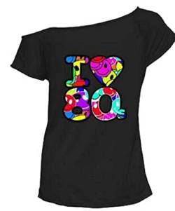 Zeetaq Damen T-Shirt I Love The 80's Fancy Dress Costume Neon Festival Damen Outfit UK Größe 36-52, Black Love 80's, S-M von Zeetaq