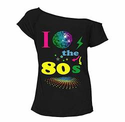 Zeetaq Damen T-Shirt I Love The 80's Fancy Dress Costume Neon Festival Damen Outfit UK Größe 36-52, Black Love 80's Globe, XXL von Zeetaq